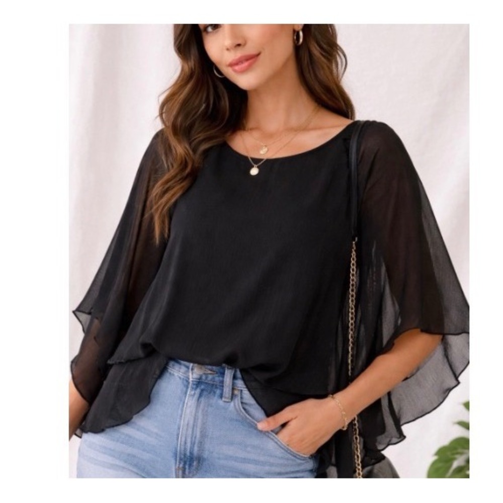 BKE Boutique Black Sheer Chiffon Cape Bell Sleeve Blouse XS Boho